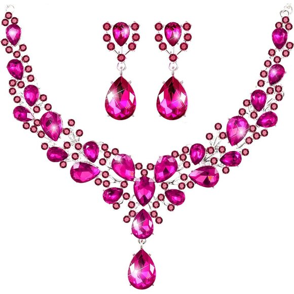 Jewelry - Bridal Teardrop Crystal Jewelry Set Necklace Earrings for Women Wedding Elegant
